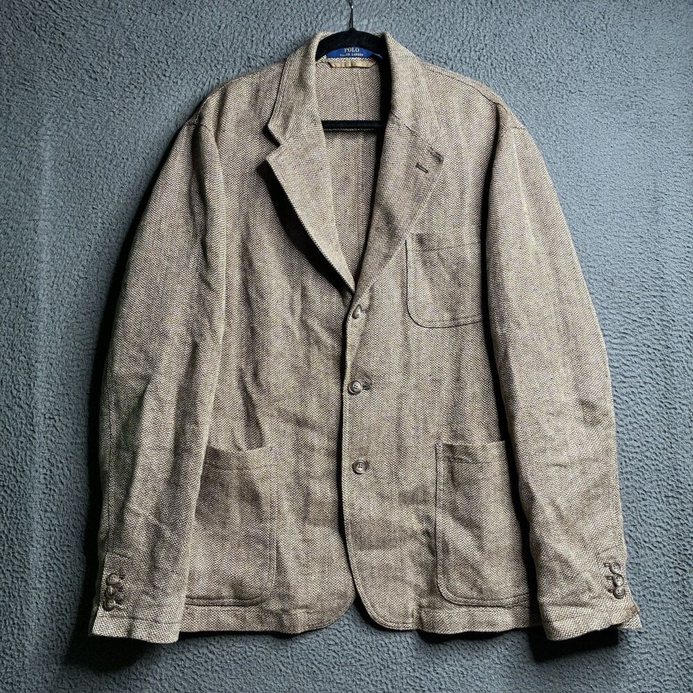 POLO Ralph Lauren 100% Linen Herringbone Tweed Sport Coat Jacket Blazer Mens 46R